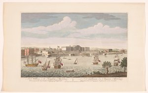 Vista de Fort William em Calcutá Fort William no reino de Bengala. Pertencente à Companhia das Índias Orientais da Inglaterra (título no objeto) Liquidações do VOC (título da série) de Robert Sayer
