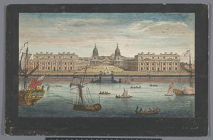 Vista do Hospital de Greenwich no Rio Tamisa em Greenwich Uma perspectiva do Greenwich Hospital do rio (título no objeto) Londres (título da série) de Robert Sayer