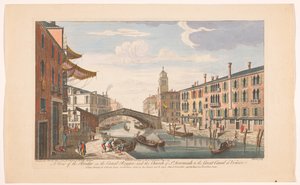 Gezicht op de Ponte delle Guglie sobre de Canale di Cannaregio te Venetië Uma vista da ponte sobre o Canal Reggio; e a Igreja de São Jeremias ao Grande Canal de Veneza (título no objeto) Venetië (título da série) de Robert Sayer