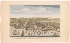 Gezicht op de stad Batavia
A cidade de Batávia na ilha de Java e capital de todas as fábricas e colónias holandesas nas Índias Orientais (título sobre o objecto)
Nederzettingen van de VOC (título da série) de Robert Sayer