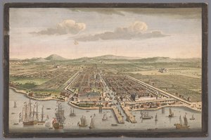 Gezicht op de stad Batavia A cidade de Batávia na ilha de Java e capital de todas as fábricas e assentamentos holandeses nas Índias Orientais (título no objeto) Nederzettingen van de VOC (título da série)