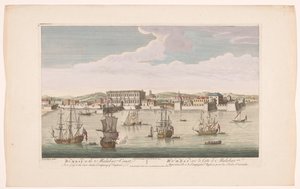 Vista da cidade de Bombaim Bombaim na Costa do Malabar pertencente à Companhia das Índias Orientais da Inglaterra (título do objeto) Liquidações do VOC (título da série) de Robert Sayer