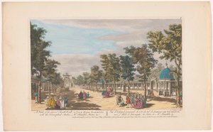 Vista de uma avenida com um arco triunfal em Vauxhall Gardens em Londres Uma vista da grande caminhada sul em Vauxhall Gardens. Com os arcos triunfais, o Sr. Estátua de Handel, &c (título no objeto) Ranelagh Gardens e Vauxhall Gardens (título da série)