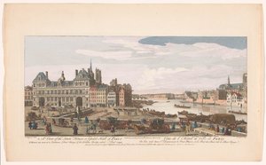Vista da Câmara Municipal e do Rio Sena em Paris Uma vista da Town House ou Guild Hall de Paris (...) (título no objeto) Paris (título da série) de Robert Sayer