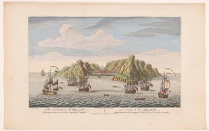 Vista da ilha de Santa Helena
A ilha de Santa Helena. Pertence à Companhia das Índias Orientais de Inglaterra (título sobre o objecto)
Assentamentos do COV (título da série) de Robert Sayer