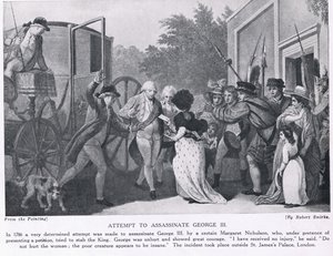 Tentativa de assassinar o rei George III, ilustração da "História das Nações de Hutchinson", c.1910 de Robert Smirke