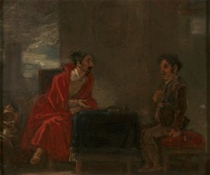 Ilustração para Dom Quixote, Duas figuras numa mesa de Robert Smirke