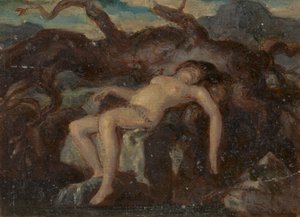 Mulher a dormir nua numa paisagem arborizada