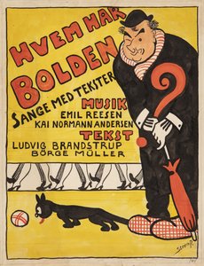 Layout da página de rosto de "Hvem har Bolden". Retrato caricaturado de Carl Alstrup