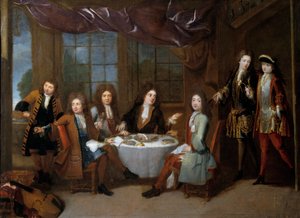 Pequeno-almoço de presunto. Homens da nobreza a partilhar um jantar de carnes frias. Pintura de Robert Levrac Tournieres (1667-1752)