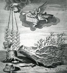 Impressão emblemática referindo-se à execução de Carlos I e à sucessão de Stuart, 1715