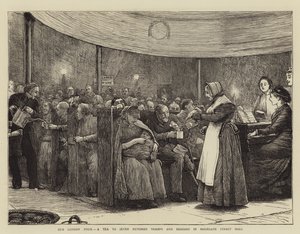 Nosso pobre de Londres, um chá para setecentos vagabundos e mendigos em Moorgate Street Hall de Robert Walker Macbeth