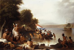 Desembarque de Henry Hudson, 1608 em Verplanck Point, perto de Peekskill, Nova York,