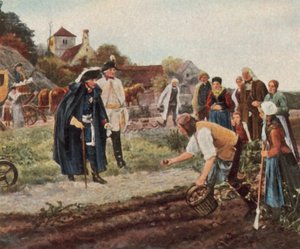 Trabalhos de reconstrução após a Guerra dos Sete Anos, "O Rei em Toda a Parte" (litografia a cores melhorada) de Robert Warthmuller Muller