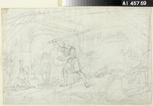 Ourivesaria, esboço para uma série de desenhos animados com o tema Kalevala ; Ensaio da personagem Ilmarinen na poule da frente (trabalho de dupla face) de Robert Wilhelm Ekman