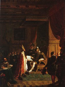 Mikael Agricola apresenta o NT finlandês ao rei Gustavo Vasa de Robert Wilhelm Ekman