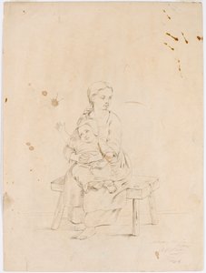 Mulher jovem sentada num banco com uma criança pequena nos braços de Robert Wilhelm Ekman