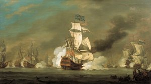Uma batalha entre navios ingleses e holandeses, início do século XVIII (óleo sobre tela) de Robert Woodcock