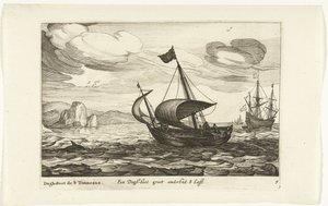 Dogger de bota de cachorro Een Dogh-boot groot cerca de 8 Last / Dogh-Boot de 8 Tonneaux (título no objeto) Hollandse scheepstypen, 1627 (título da série) Vários navios Don ton se sert dans les Unies Províncias / Ícones de vários navios holandeses cujo uso
