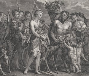 Diana voltando da perseguição, acompanhada de cães e suas ninfas à esquerda, dois sátiros..., ca. 1808 de Robert de Launay