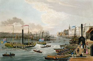 Uma vista da ponte de Londres e da Custom House, com o Margate Steam Yachts, pub. 1820 por Colnaghi und Co. (aquatinta colorida)