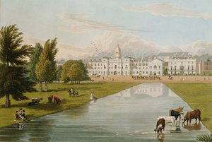 Vista dos protetores de cavalo e da casa de Melbourne, tomada do parque do St. James, bar. 1821 por Colnaghi und Co. (aquatint)