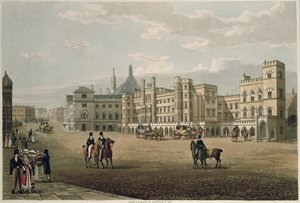 Vista da Câmara dos Lordes e das terras comuns, da jarda velha do palácio, bar. 1821 por Colnaghi und Co. (aquatint)