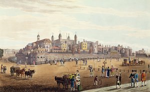 Vista da torre de Londres e da hortelã, bar. por Colnaghi und Co, 1821 (colorido colorido)
