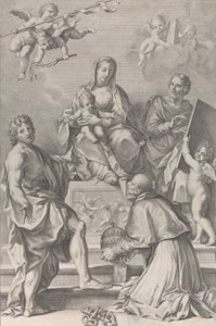 Madonna e Criança no centro com São João Batista, São Lucas, Papa Pedro Celestini,..., 1694. de Robert van Audenaerde