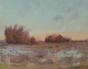 Granaries By The Slough, 2023 (óleo sobre painel de linho) de Roberta Murray
