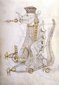 Arabica machina. Ilustração de uma máquina de guerra árabe na forma de um dragão com setas gigantes saindo de sua boca. In 