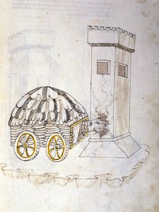 Arte da guerra: estudo sobre máquinas militares. uma máquina equipada com uma carapaça que invade uma torre, ilustração de 