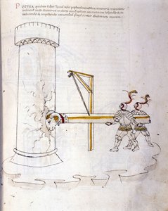 Arte da guerra: estudo sobre máquinas militares. uso do campanário para sitiar uma torre, ilustração de 