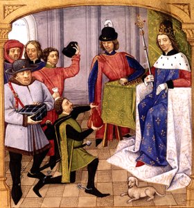 Parente francês Philip V (1293-1322) recebendo imposto, iluminação por Robinet Testard de "Grandes chroniques de France" 1471