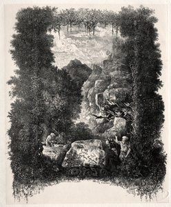 Primeiro frontispício de fábulas e contos de fadas de Thierry-Faletans, 1868. de Rodolphe Bresdin