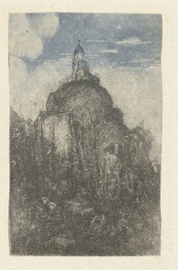 Construção sobre uma rocha e pastores em repouso com ovelhas ao pé da rocha
Le Phare
Chapelle alpestre de Rodolphe Bresdin