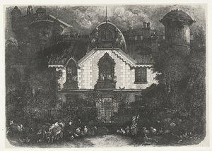 Casa com torre atrás de uma cerca e pastora com gado A Maison Encantada de Rodolphe Bresdin