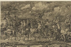Rei caçador com as suas mulheres rodeado de criados e gado, cavalgando através de uma paisagem de Rodolphe Bresdin