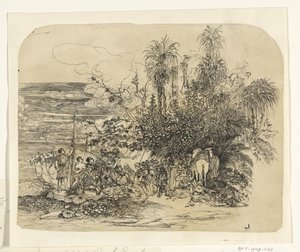 Paisagem com um grupo de orientais descansando com seus cavalos e camelos de Rodolphe Bresdin