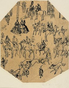 Folha de esboços: Cães de caça, cavaleiros, damas. Elementos arquitectónicos, insectos de Rodolphe Bresdin
