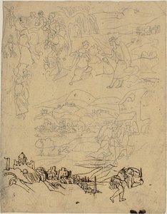 Esboços de cenas bíblicas, cidade junto ao lago, aldeia de montanha, guerreiro de Rodolphe Bresdin