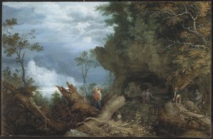 Paisagem montanhosa com entrada para uma mina, c.1612-13 (óleo sobre painel de faia) de Roelandt Jacobsz. Savery