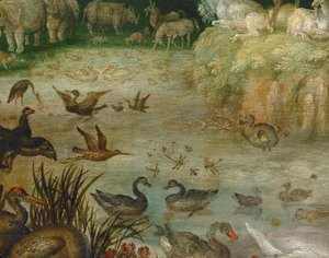 A lagoa. Animais a beber, patos a nadar, um unicórnio ao fundo (pintura sobre tela)