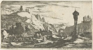 Paisagem montanhosa com coluna Paisagens tirolesas (título da série) de Roelant Roghman