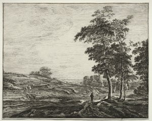 Seis vista na floresta de Haia: Camponês visto de trás. de Roelant Roghman