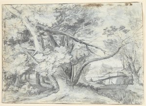 Bosque com grandes árvores, sob o qual há dois homens e um cachorro. À direita uma ponte de Roelant Savery