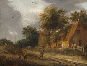 Três figuras passando ao longo de uma estrada antes de uma casa de campo de Roelof Jansz van Vries