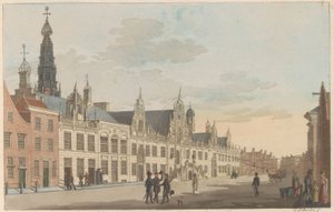 Breestraat em Leiden, cerca de 1825 Vista sobre o Breestraat e a Câmara Municipal em Leyden / Vue Sur la rue dite Breestraat et l