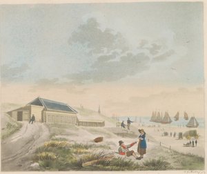 Praia em Scheveningen, cerca de 1825 Vista da praia e das dunas em Scheveningen e Apresentação do balneário do Sr. Pronk / Vue du rivage et des dunes a Scheveninge et representação des Bains appartement à mons.r Pronk (título no objeto)