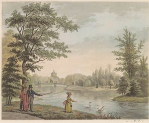 Jardim em Huis ten Bosch, cerca de 1825 Vista da ponte suíça e do Vijver, perto da casa na Bosch em s
